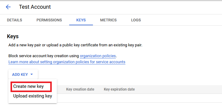 service account create key